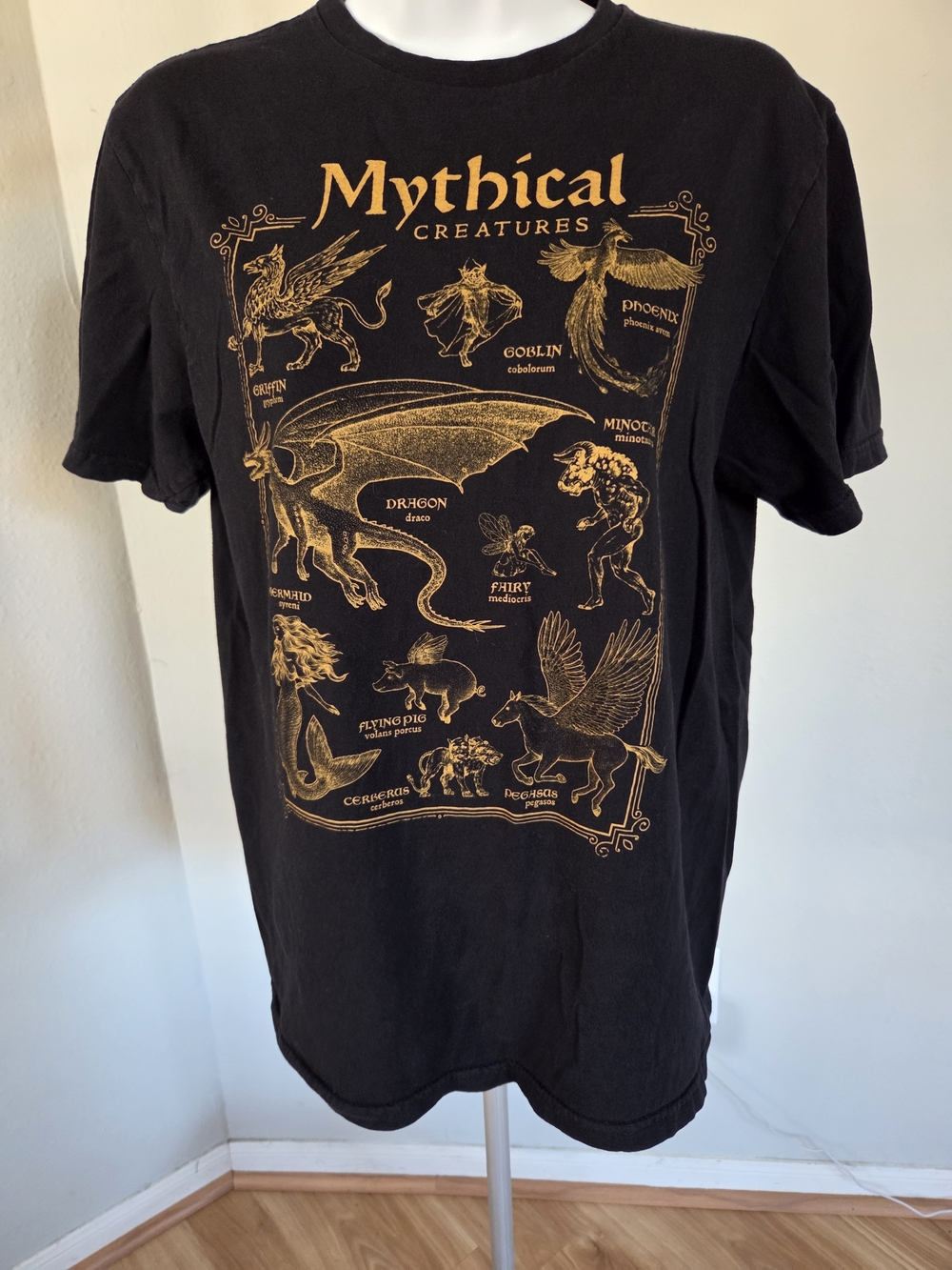 Hot Topic Black Tee with Gold Mythical Creatures Graphic - Picture 2 of 4